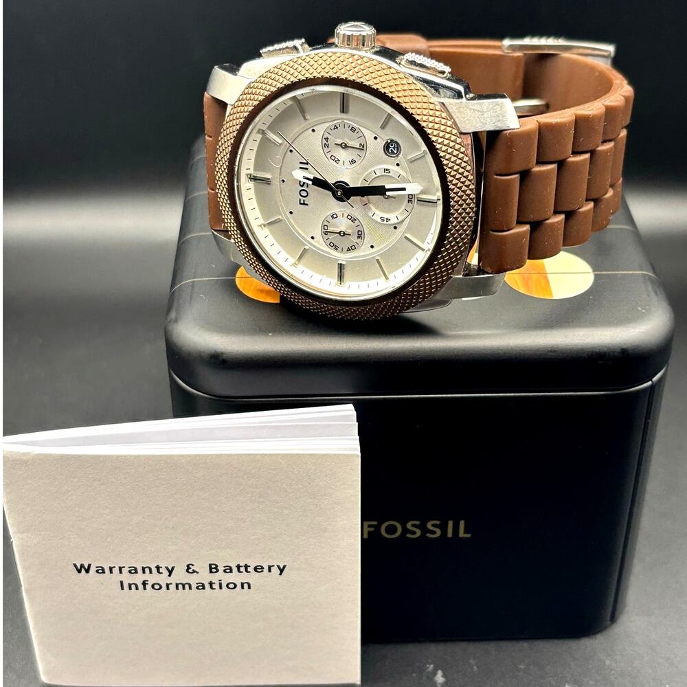 Fossil Machine FS4596 Men’s Chronograph white Dial Brown Silicone Strap Watch - Picture 8 of 17